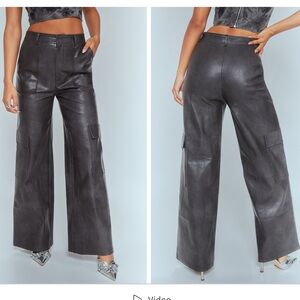 Pretty Little Thing Black PU cargo Pocket Detail Wide Leg Trouser US14 UK18 EU46